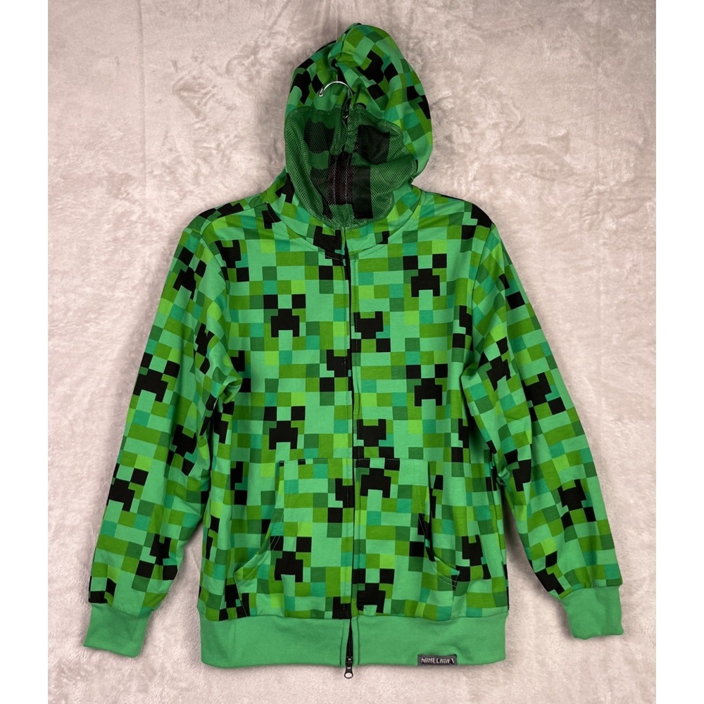 Minecraft Creeper Jacket Large Hoodie Mask Hood L Boy Girl Zip Halloween 14/16